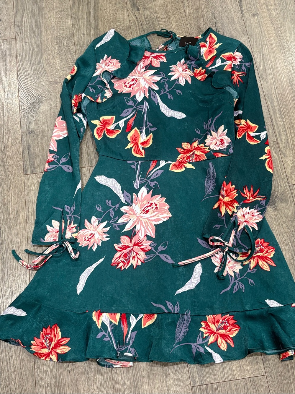 Lumiere Teal Green Floral Long-Sleeve Ruffle Dress